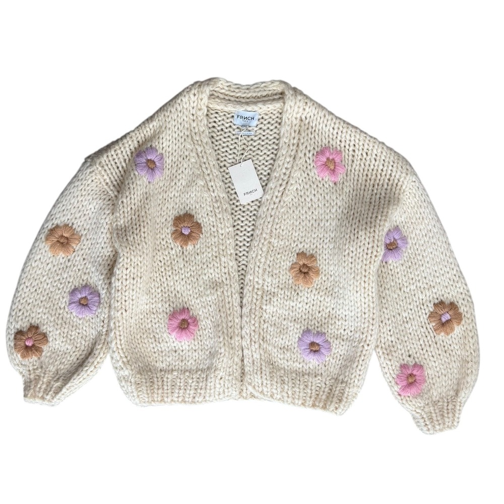 FRNCH Paris Cottagecore Feminine Embroidered Chunky Knit Taya Cardigan Cream - Picture 4 of 7